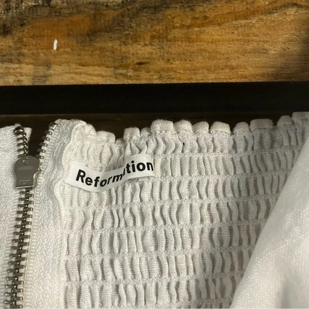 Reformation White Puff Sleeve Smocked Back Top